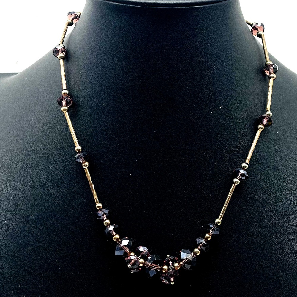 Purple Beaded Necklace Gold Tone Tube Beads Cluster Boho Statement